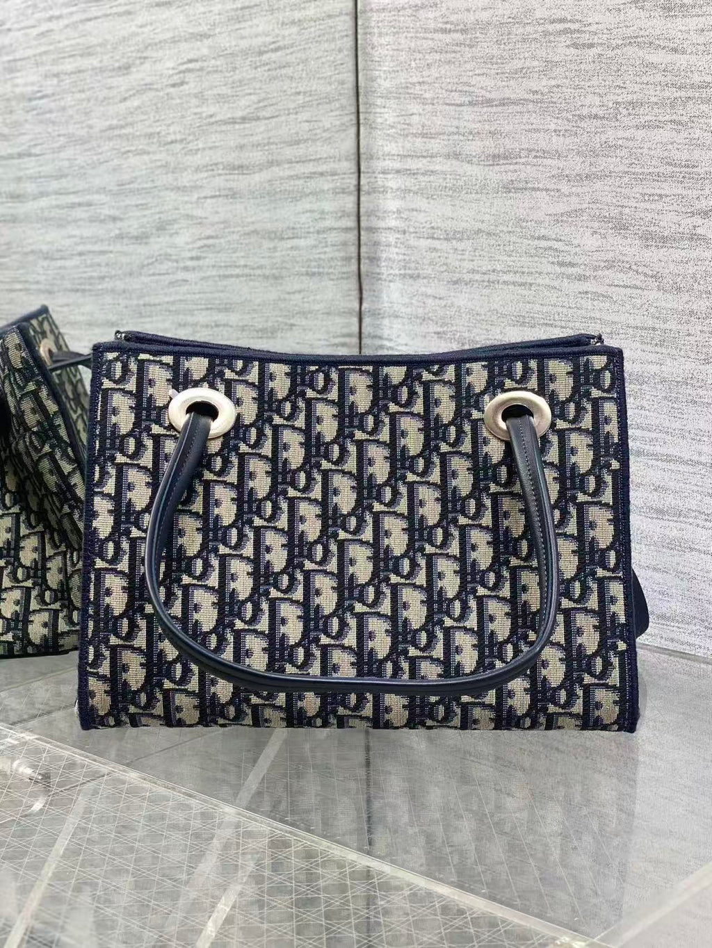 CD Medium Shopping Bag Blue Beige Oblique Jacquard Cotton Calfskin
