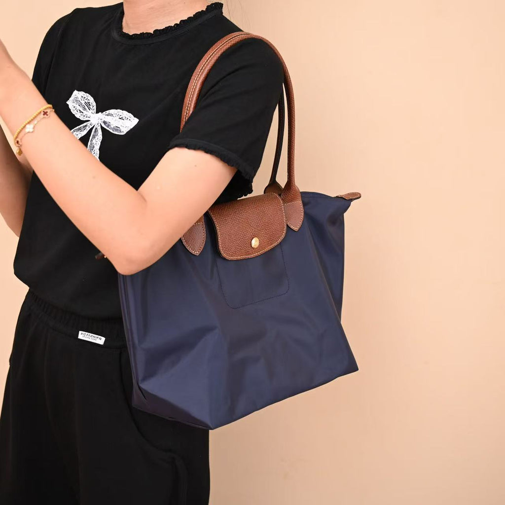 Longchamp Small Le Pliage Tote Bag Brown Navy Blue Polyamide Leather