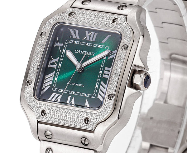 SANTOS LADY 35.1MM STEEL CASE DEEP GREEN DIAL DIAMOND BEZEL