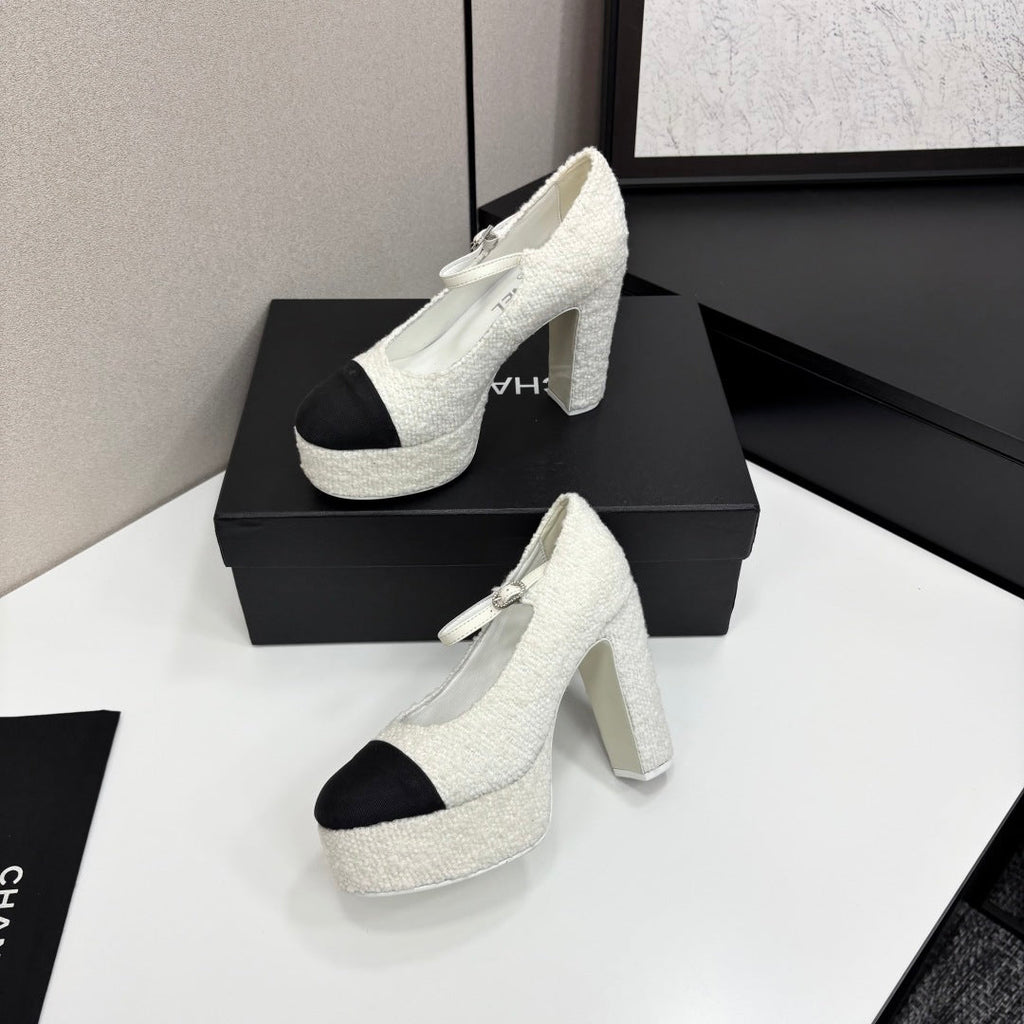 Chanel 25 Platform Thick Heel Shoe White Black Sheepskin
