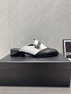 CC 25S Round Toe Chain Loafer Half Slippers in Black and White Cowhide 442536