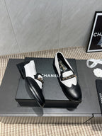 CC 25S Round Toe Chain Loafers in Black and White Cowhide 442533
