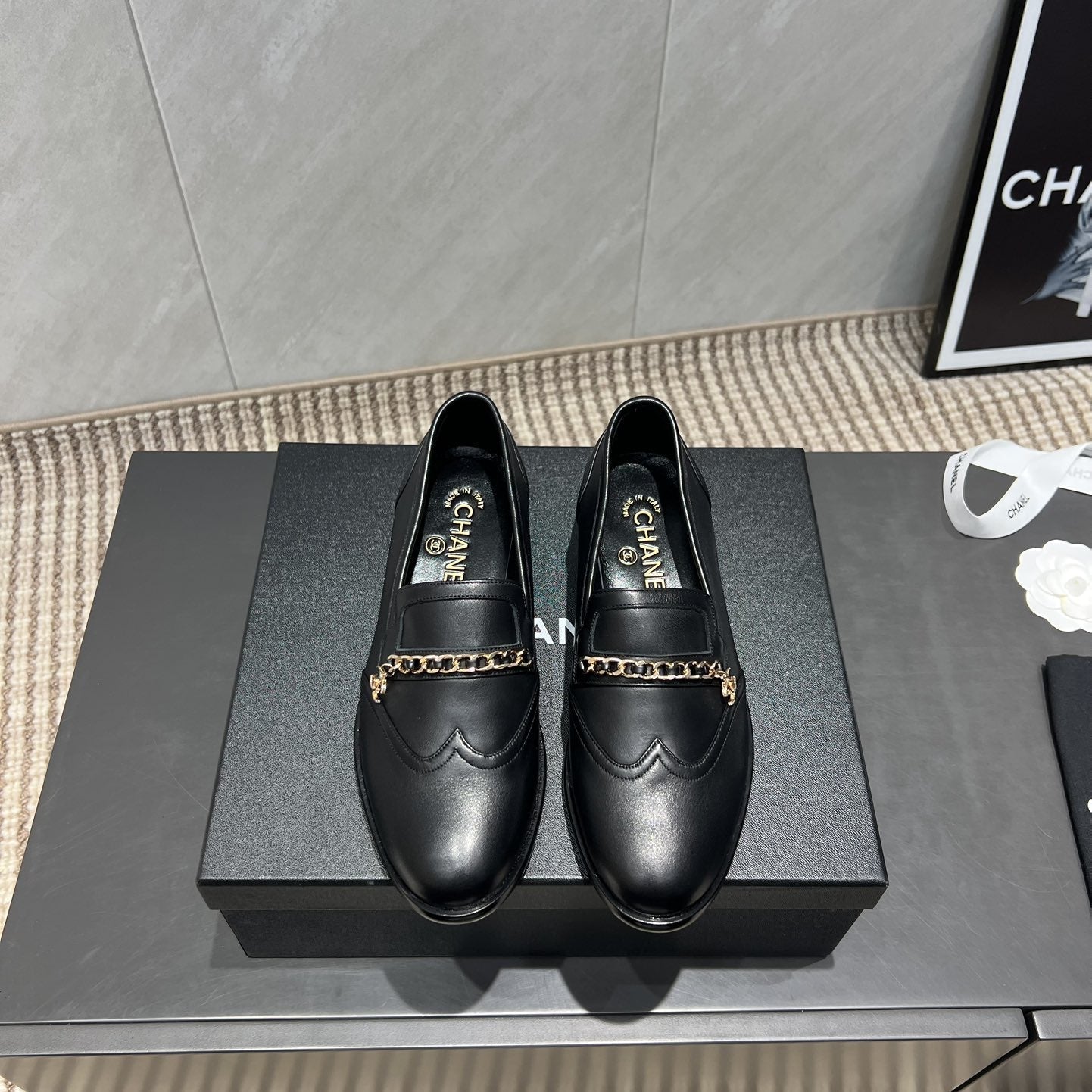 CC 25S Round Toe Chain Loafers in Black Cowhide 442531