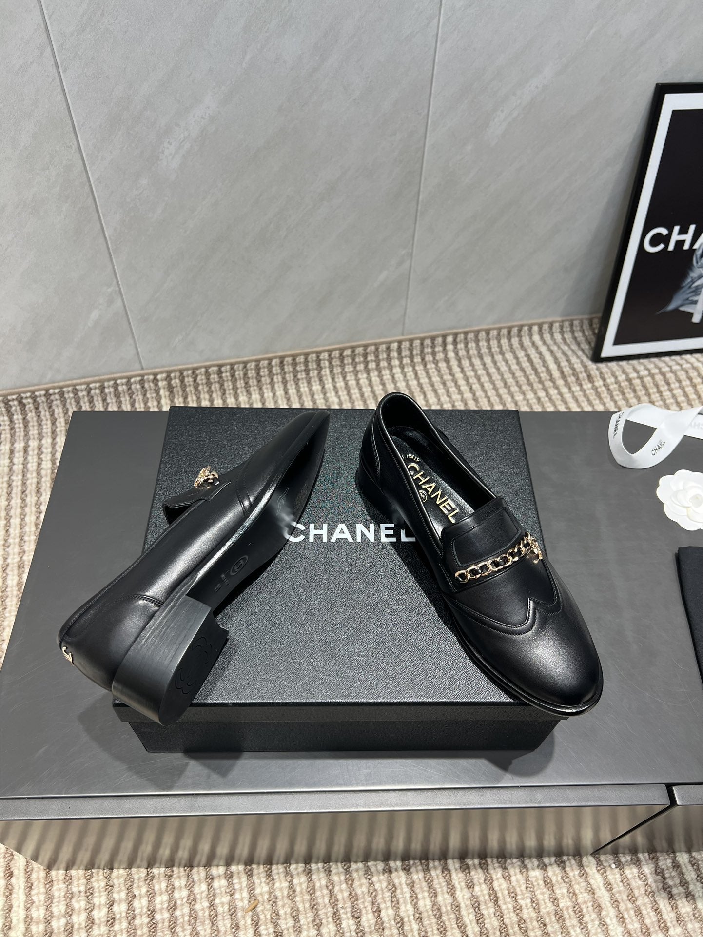 CC 25S Round Toe Chain Loafers in Black Cowhide 442531