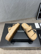 CC 25SS Flower Buckle Platform Beach Slides in Beige Cowhide