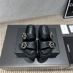 CC 25SS Flower Buckle Platform Beach Slides in Black Cowhide
