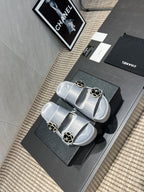 CC 25SS Flower Buckle Platform Beach Slides in Silver High-Mercerized Sardine