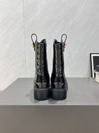 CC 25S Round-Toe Zippered Ankle Boots in Black Glossy Cowhide and Embroidered Latticework 442502