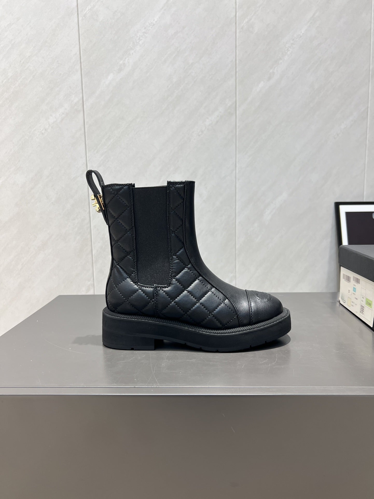 CC 25S Round-Toe Electric Embroidered Thick-Sole Ankle Boots in Black Cowhide and Embroidered Latticework 442495
