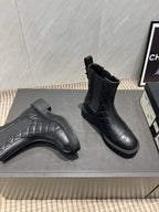 CC 25S Round-Toe Electric Embroidered Thick-Sole Ankle Boots in Black Cowhide and Embroidered Latticework 442495