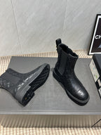 CC 25S Round-Toe Electric Embroidered Thick-Sole Ankle Boots in Black Cowhide and Embroidered Latticework 442495