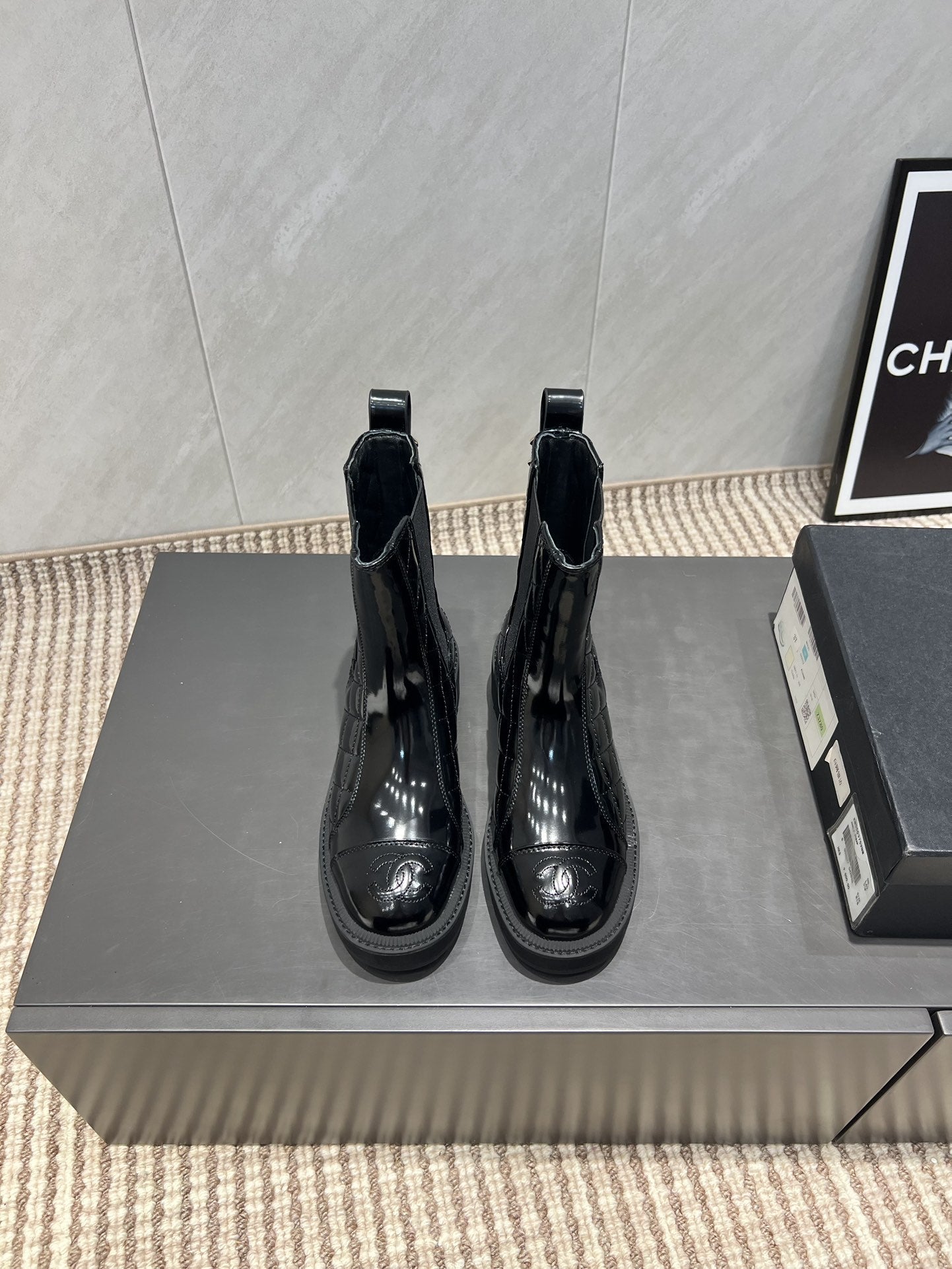 CC 25S Round-Toe Electric Embroidered Thick-Sole Ankle Boots in Black Glossy Cowhide and Embroidered Latticework 442494