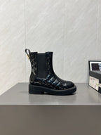 CC 25S Round-Toe Electric Embroidered Thick-Sole Ankle Boots in Black Glossy Cowhide and Embroidered Latticework 442494