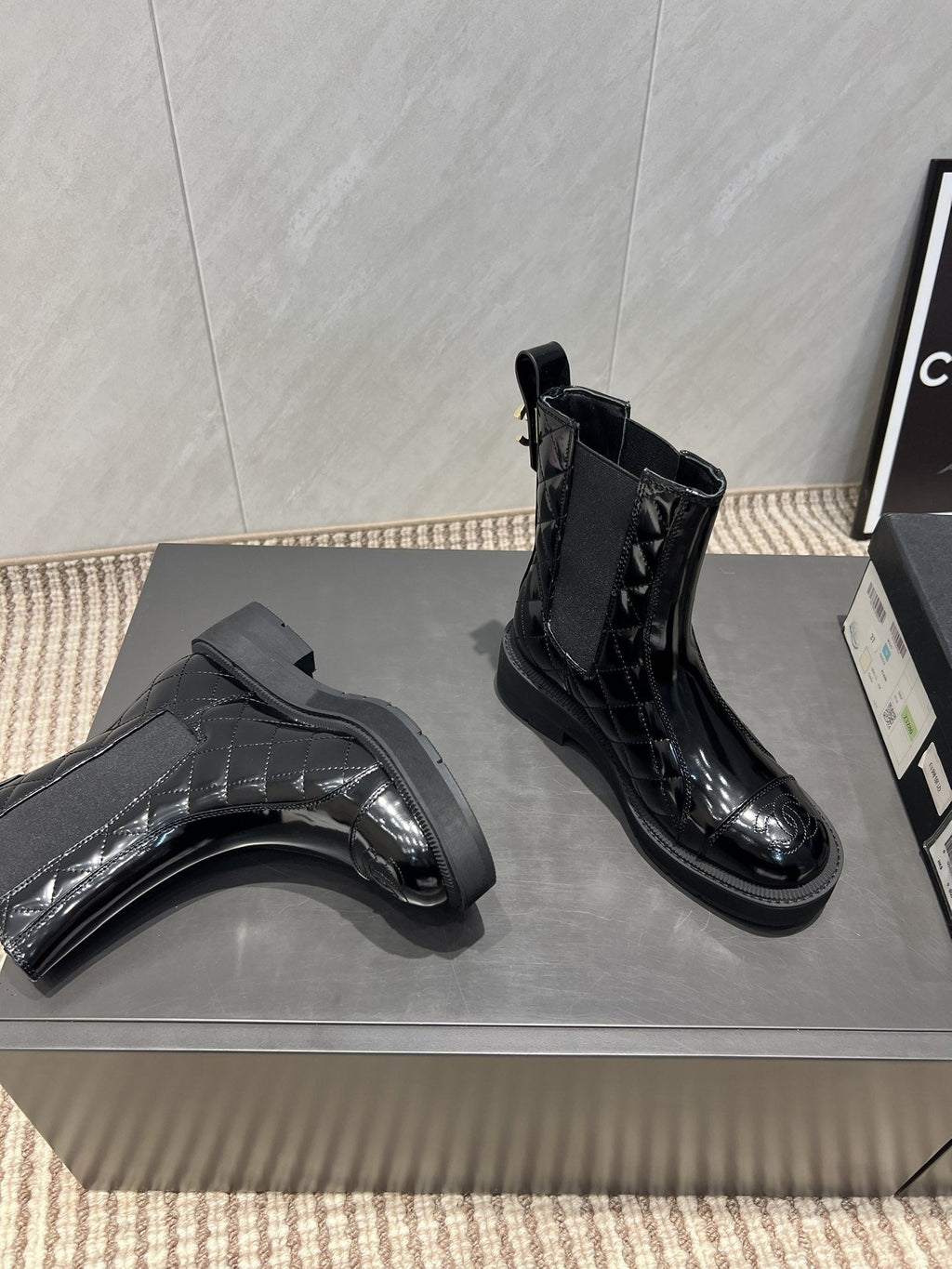 CC 25S Round-Toe Electric Embroidered Thick-Sole Ankle Boots in Black Glossy Cowhide and Embroidered Latticework 442494