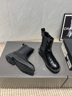 CC 25S Round-Toe Electric Embroidered Thick-Sole Ankle Boots in Black Glossy Cowhide and Embroidered Latticework 442494