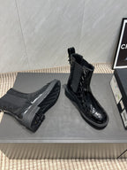 CC 25S Round-Toe Electric Embroidered Thick-Sole Ankle Boots in Black Glossy Cowhide and Embroidered Latticework 442494