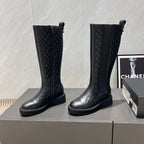 CC 25S Round Toe Mid-Heel Zippered High Boots in Black Cowhide and Embroidered Latticework 442493