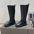 CC 25S Round Toe Mid-Heel Zippered High Boots in Black Glossy Cowhide and Embroidered Latticework 442492