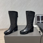 CC 25S Round Toe Mid-Heel Zippered High Boots in Black Cowhide 442487