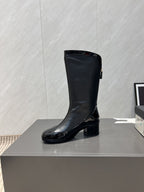 CC 25S Round Toe Mid-Heel Zippered High Boots in Black Cowhide 442487