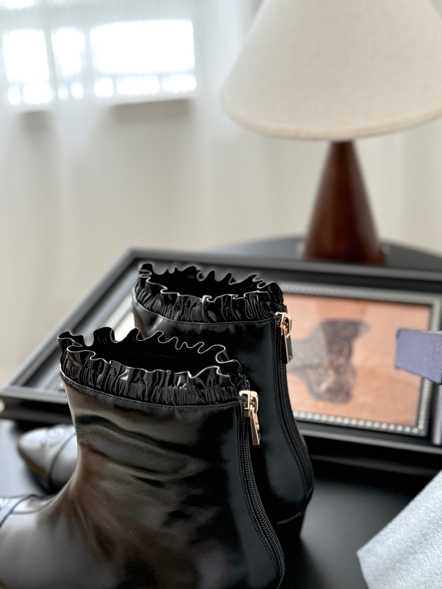 CC 25P Show-Style Platform Wedge Mary Jane Boots Black Patent Cowhide 458772