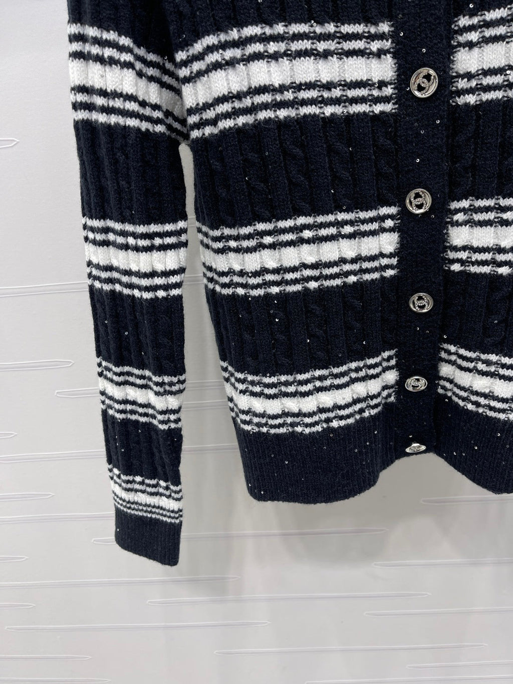 CC 25 Striped Knit Cardigan Black Wool