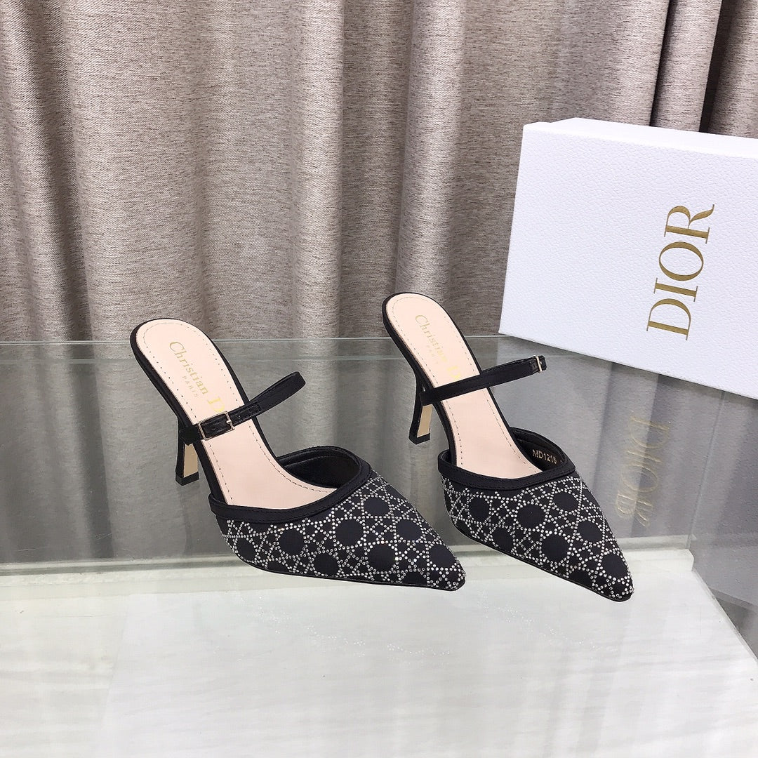 CD High Heeled Mule Crystal Black Sheepskin 460071