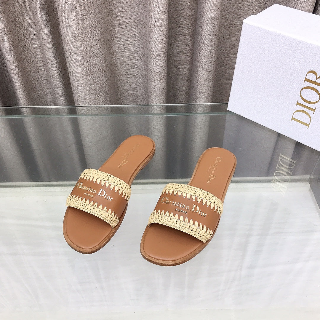 CD D-Lane Flat Colorblock Espadrilles Brown Raffia and Calfskin