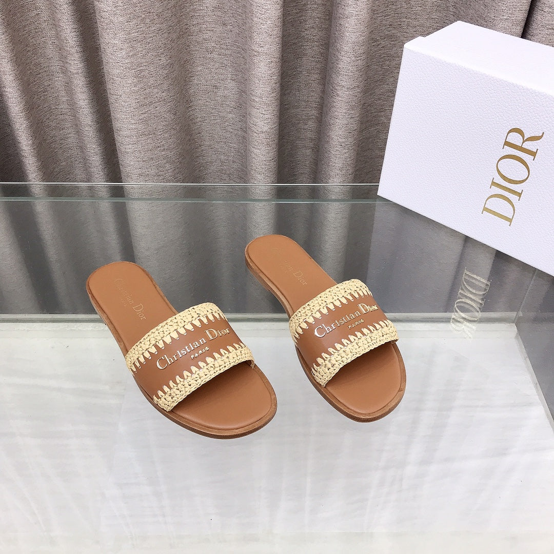 CD D-Lane Flat Colorblock Espadrilles Brown Raffia and Calfskin