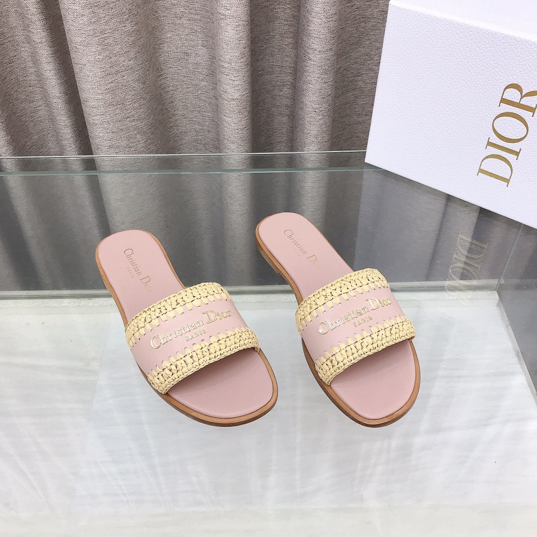 CD D-Lane Flat Colorblock Espadrilles Pink Raffia and Calfskin