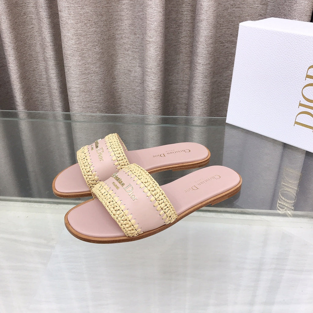 CD D-Lane Flat Colorblock Espadrilles Pink Raffia and Calfskin