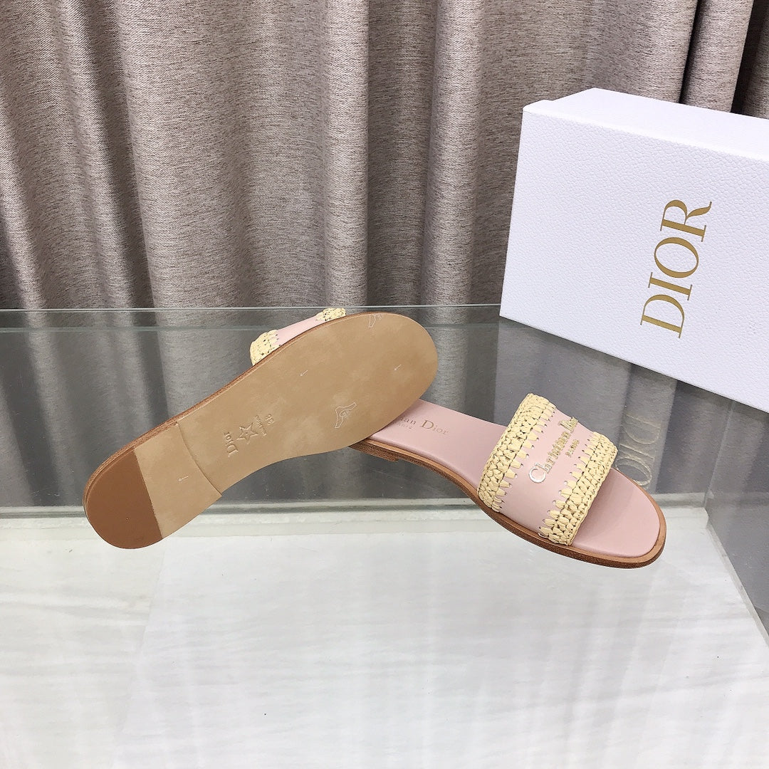 CD D-Lane Flat Colorblock Espadrilles Pink Raffia and Calfskin