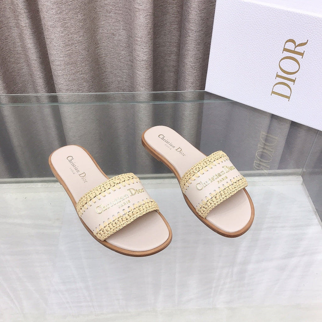 CD D-Lane Flat Colorblock Espadrilles Cream Raffia and Calfskin