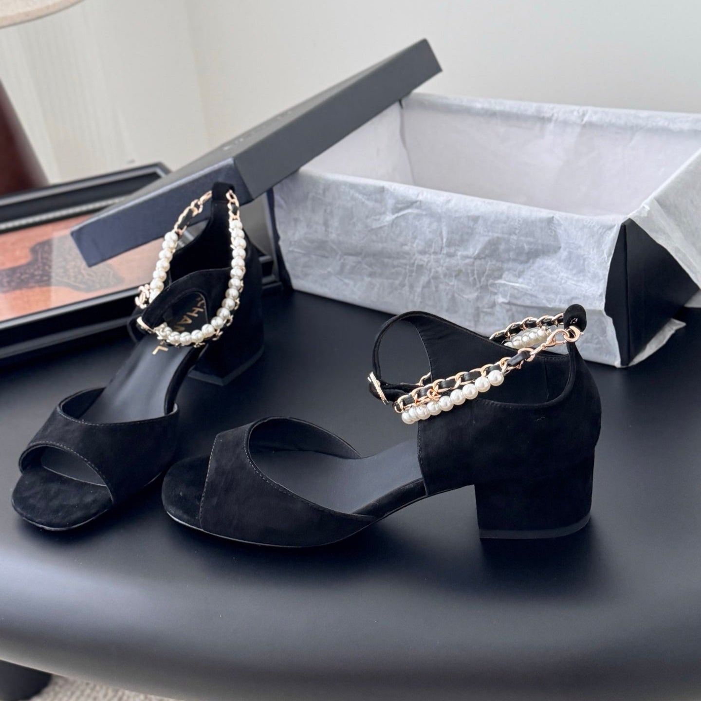 CC 25B Mary Janes 55mm High Heel Pearl Strap Black Suede