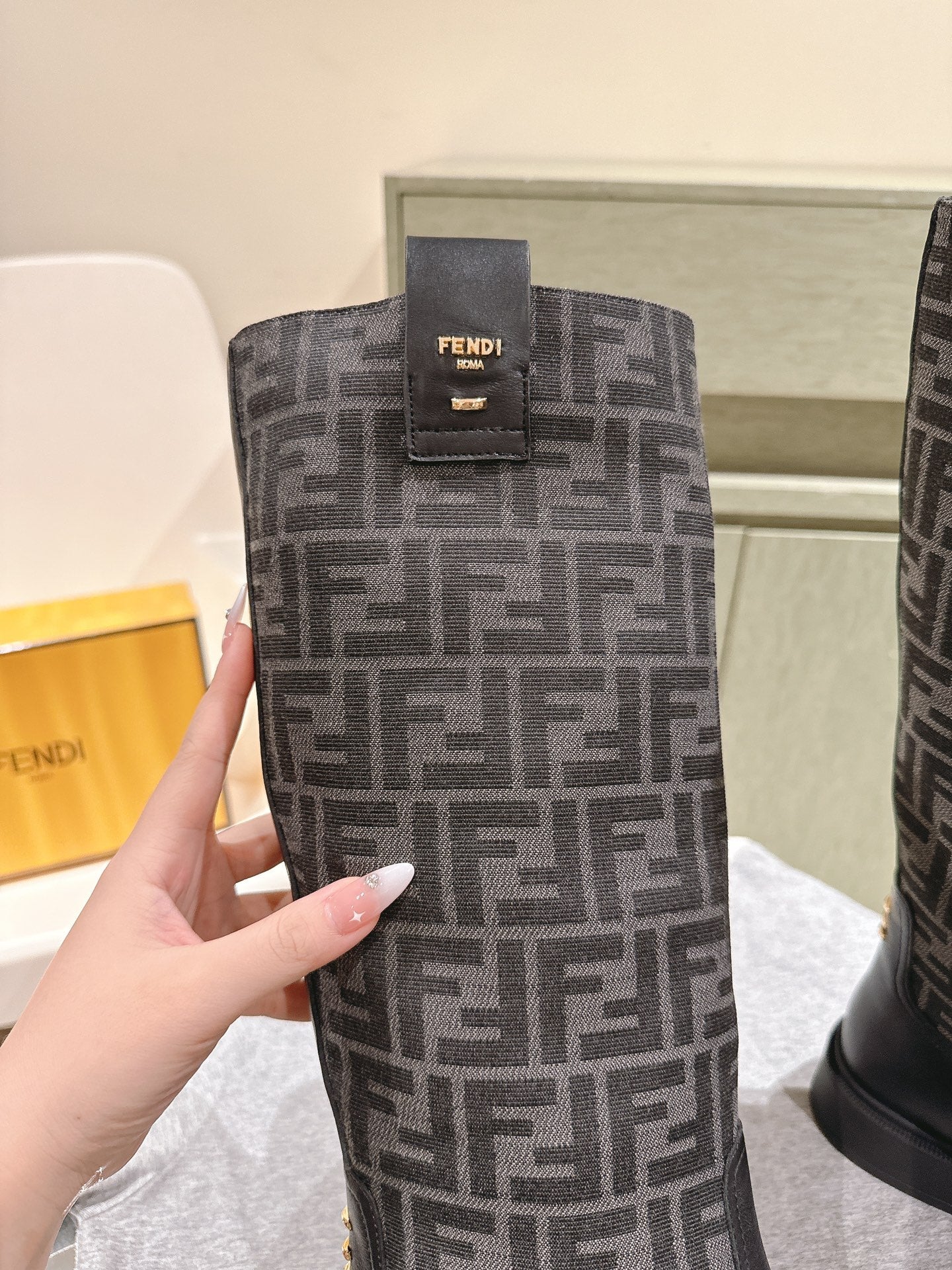 Fendi Long Boots F Pattern Black Cowhide 463749