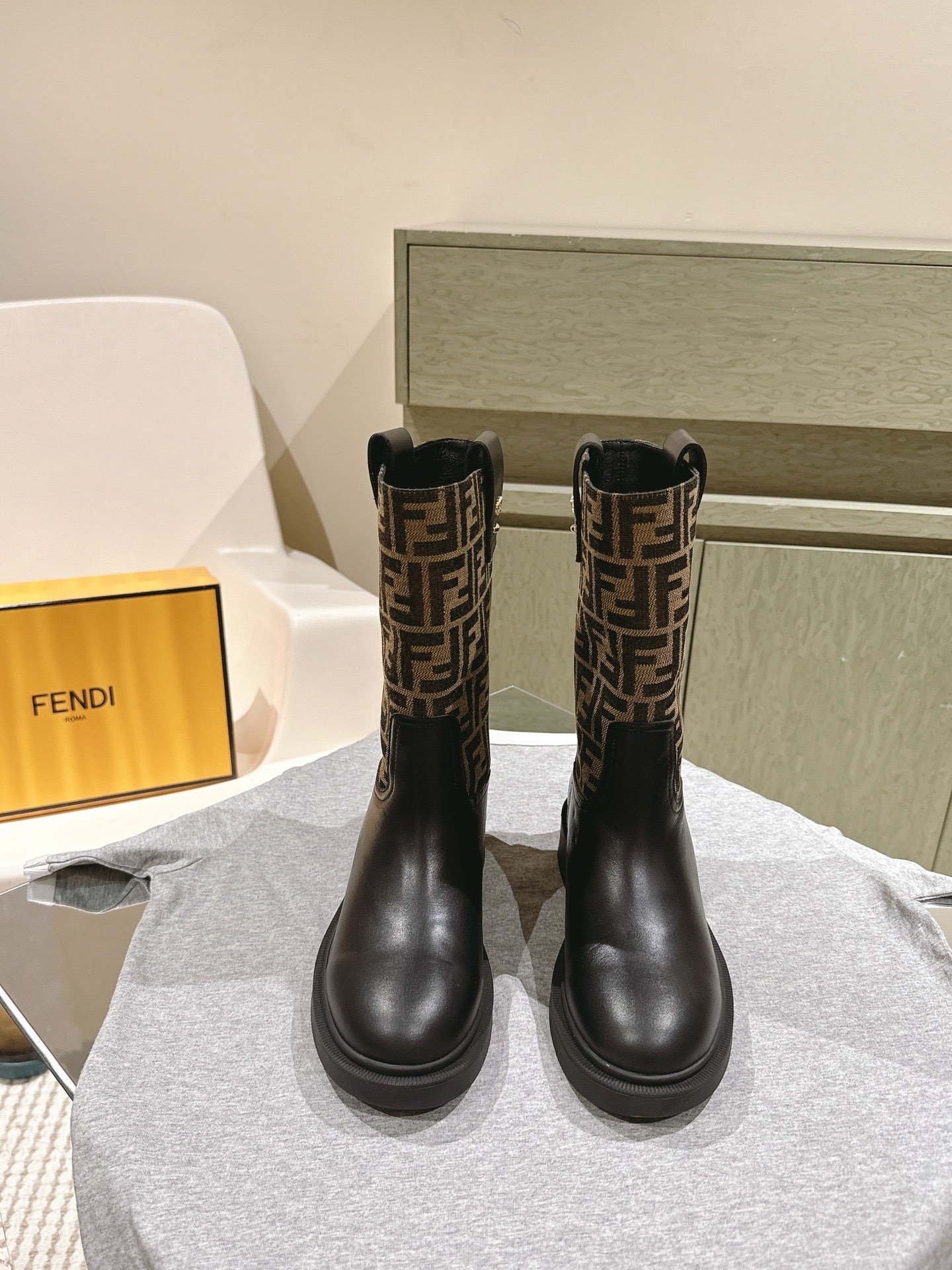 Fendi Ankle Boots F Pattern Black and Brown Cowhide 463743