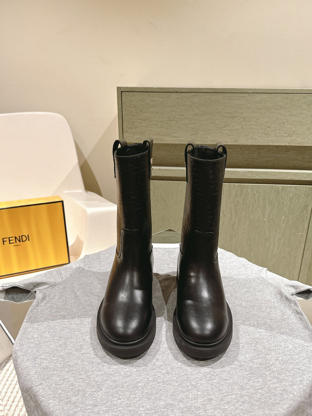 Fendi Ankle Boots F Embossed Pattern Black Cowhide 463741