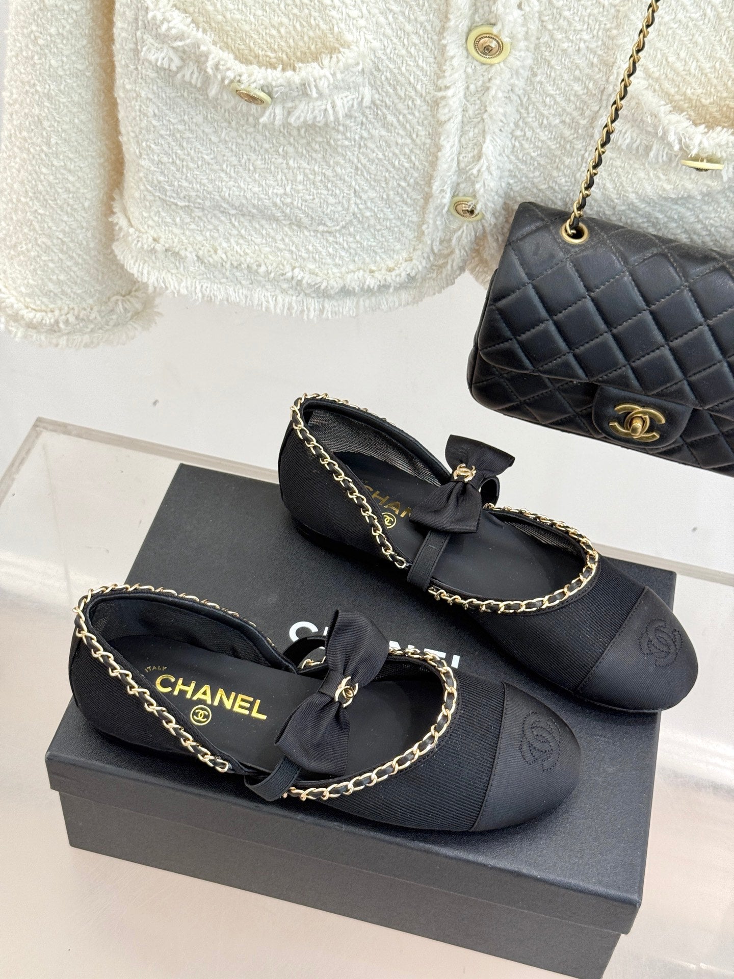 CC 25P Hollow Chain Bow Mary Janes Black Mesh 473301