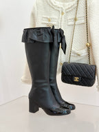 CC 25A Pleated-Collar Bow-Tie Stretch High Boots Black Lambskin 473359