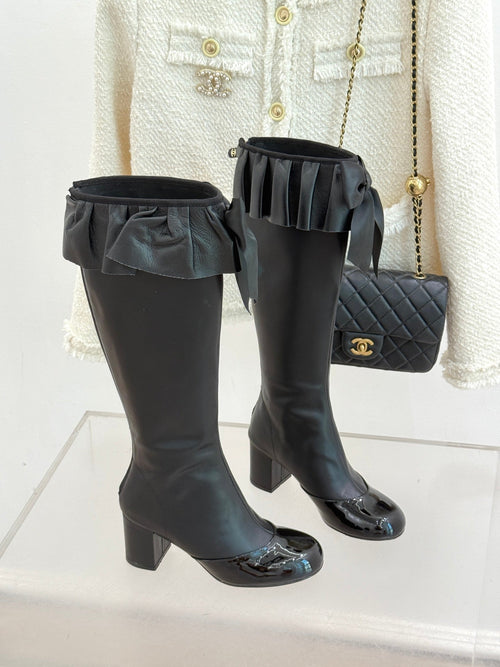 CC 25A Pleated-Collar Bow-Tie Stretch High Boots Black Lambskin 473359