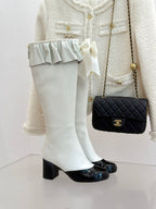 CC 25A Pleated-Collar Bow-Tie Stretch High Boots White Lambskin 473358