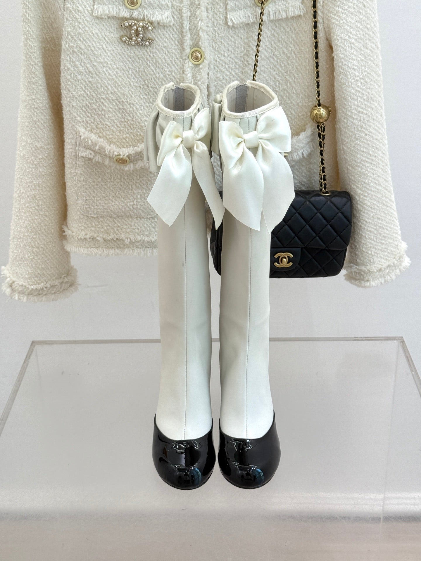 CC 25A Pleated-Collar Bow-Tie Stretch High Boots White Lambskin 473358