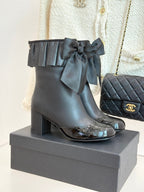CC 25A Pleated-Collar Bow-Tie Stretch Ankle Boots Black Lambskin 473355