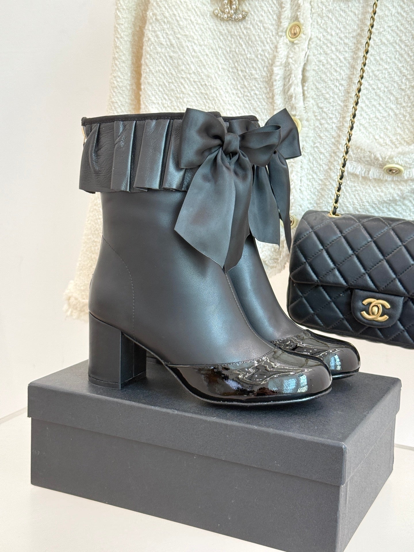 CC 25A Pleated-Collar Bow-Tie Stretch Ankle Boots Black Lambskin 473355