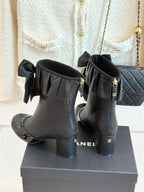 CC 25A Pleated-Collar Bow-Tie Stretch Ankle Boots Black Lambskin 473355