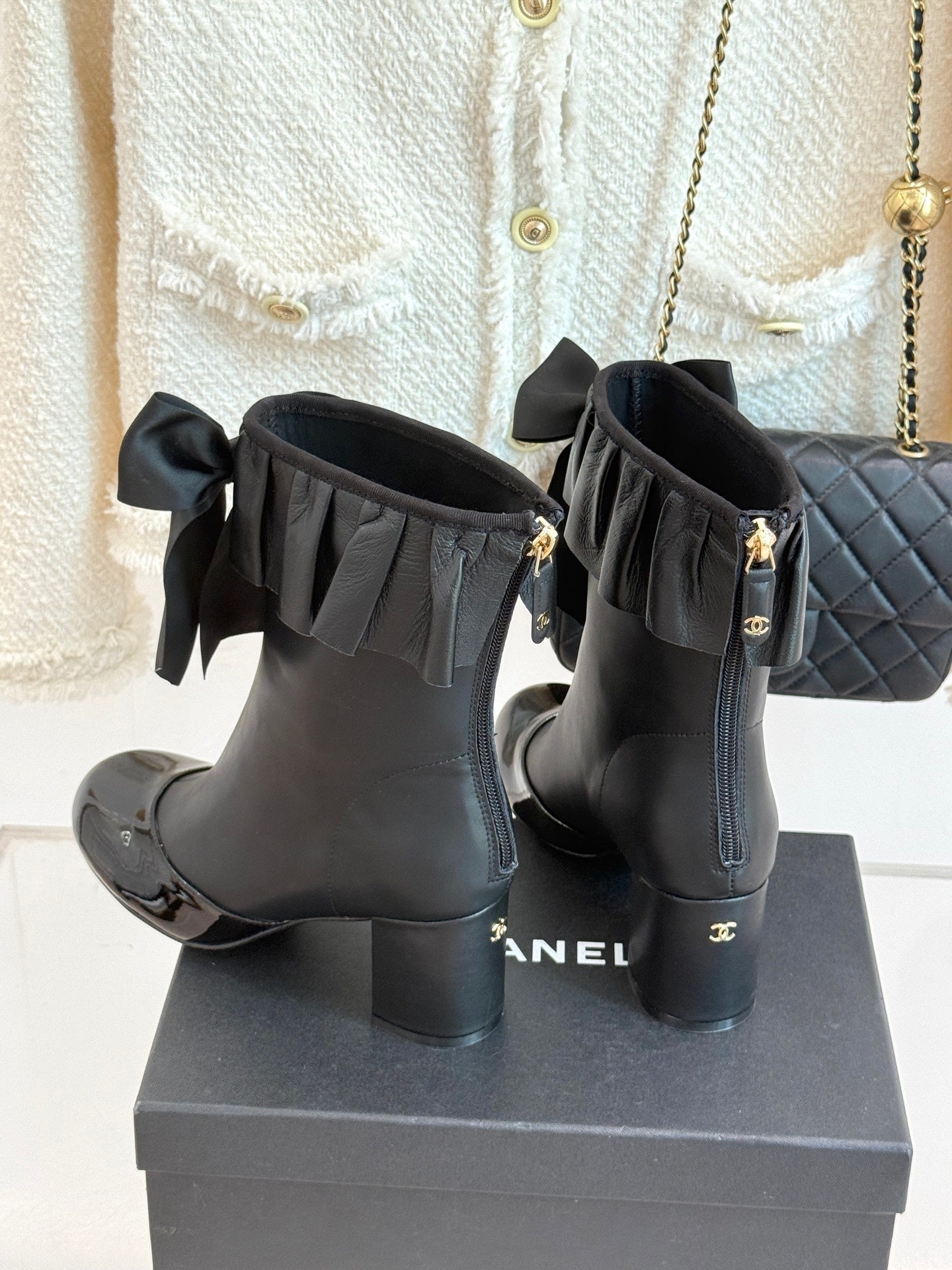 CC 25A Pleated-Collar Bow-Tie Stretch Ankle Boots Black Lambskin 473355