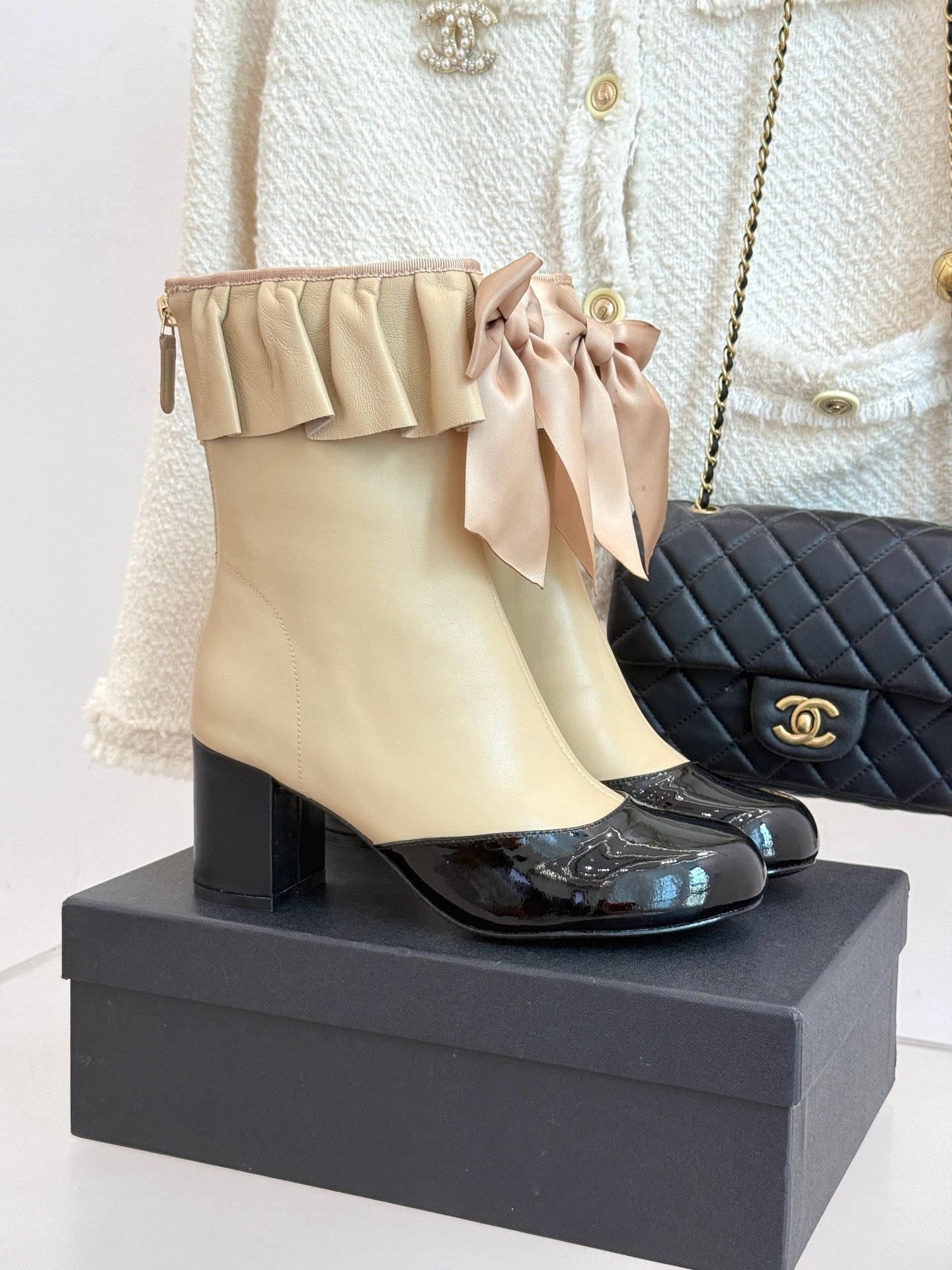 CC 25A Pleated-Collar Bow-Tie Stretch Ankle Boots Beige Lambskin 473354