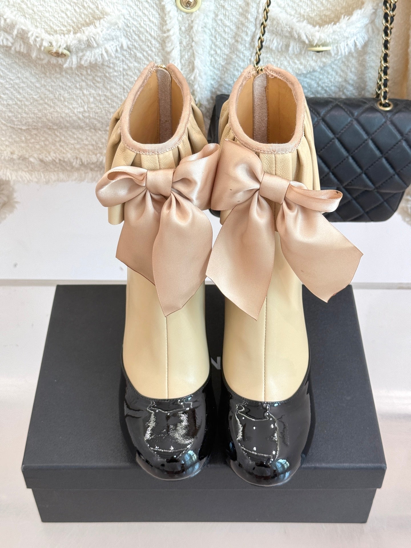 CC 25A Pleated-Collar Bow-Tie Stretch Ankle Boots Beige Lambskin 473354
