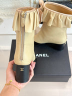 CC 25A Pleated-Collar Bow-Tie Stretch Ankle Boots Beige Lambskin 473354