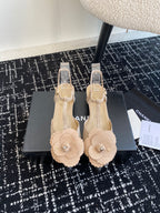 CC 25C Camellia Mid-Back Sandals Beige Suede With Flower 473435